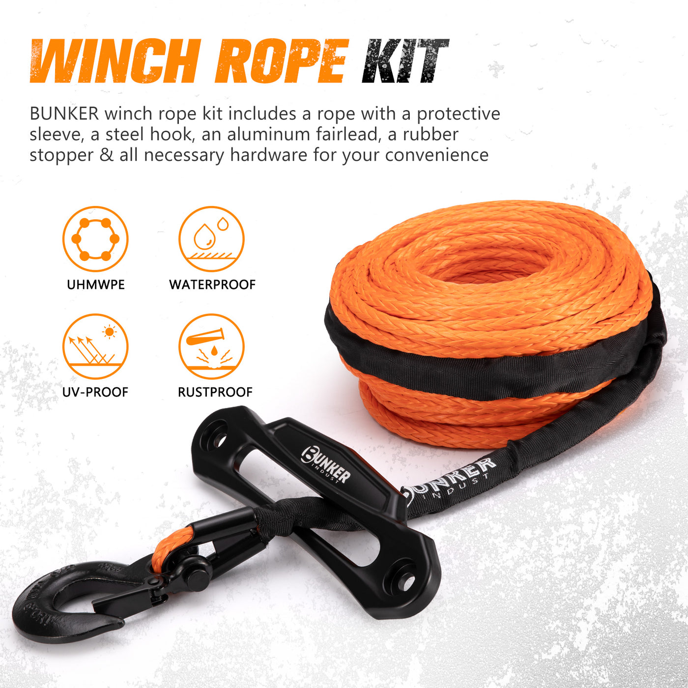 Orange Synthetic Winch Rope Kit,3/8" x 100' 23809LBS Winch Line Cable Replacement with Protective Sleeve+Winch Fairlead+Hook (Online only) - OZI4X4 PTY LTD