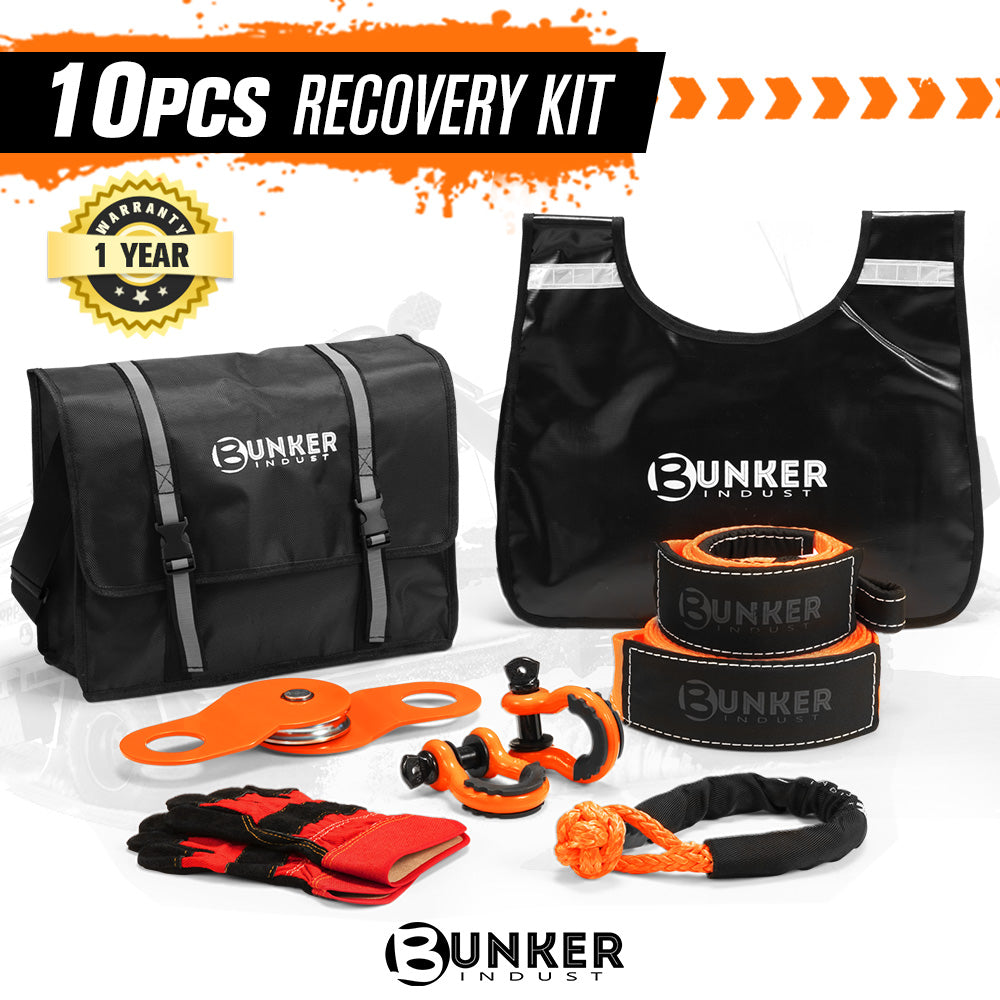 Heavy Duty Recovery Strap Kit, 20'+8' Tow Strap + Winch Line Dampener +Snatch Block +D-Ring Shackles + Gloves +Soft Shackle + Bag (Online only) - OZI4X4 PTY LTD