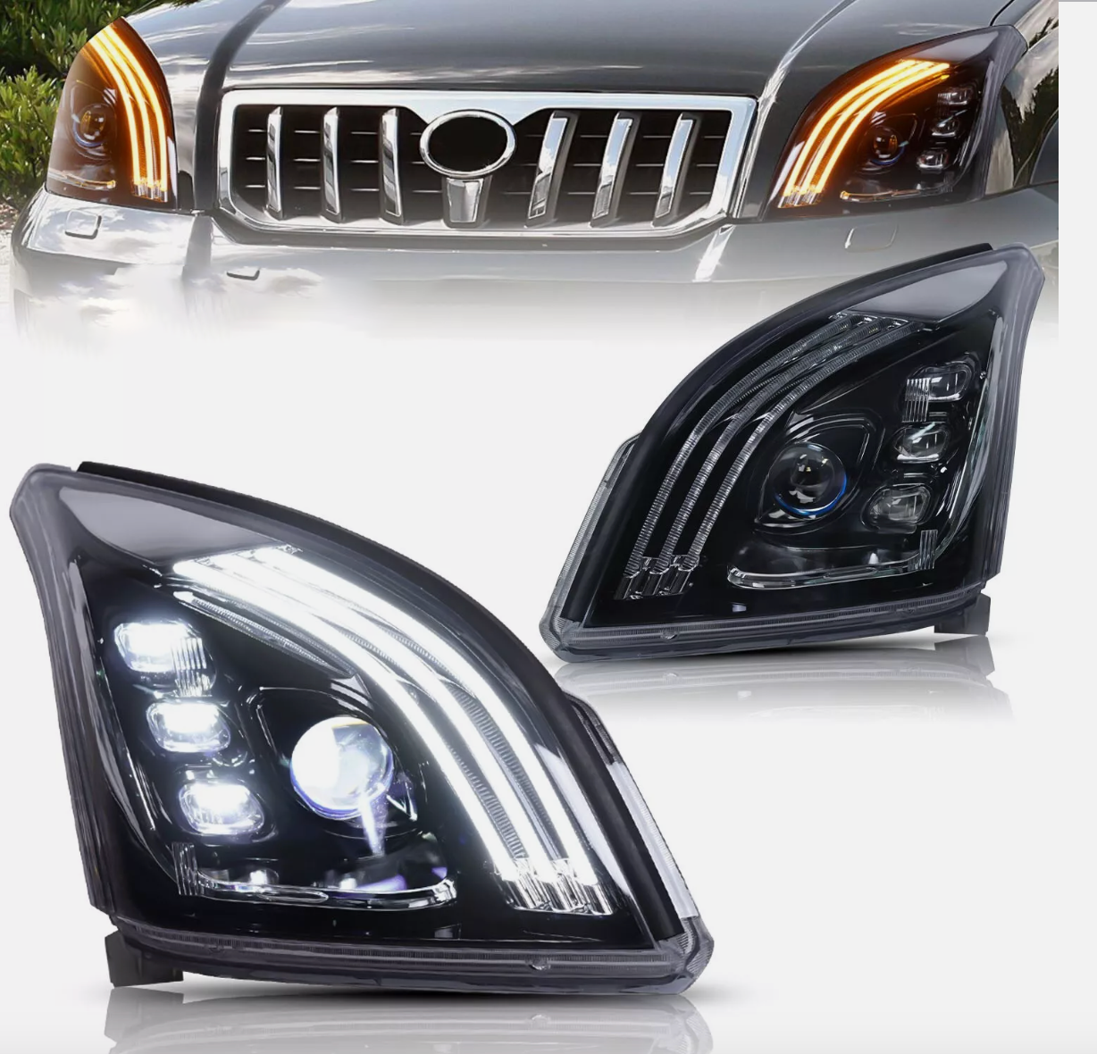 LED DRL Twin Projector Head Lights Suitable For Toyota Prado FJ120 2003-2009