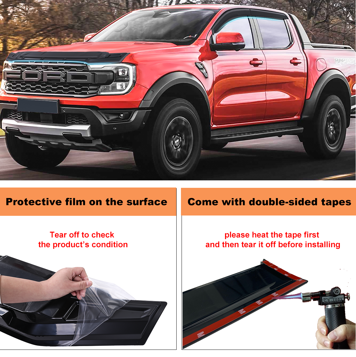 Bonnet Protector + Window Visors Weather shield Suitable for Ford Ranger Raptor 2022-2024 - OZI4X4 PTY LTD