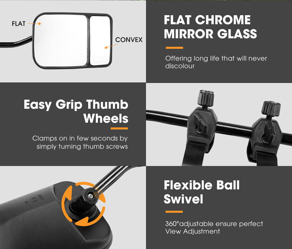 Towing Mirrors Pair Clip on Multi Fit Clamp On Towing Caravan 4X4 Trailer (Online Only) - OZI4X4 PTY LTD