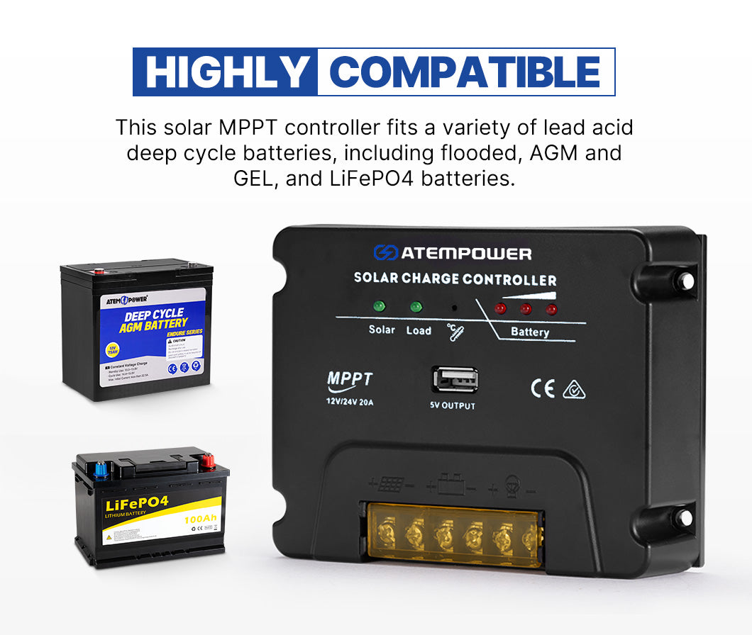 ATEM POWER MPPT Solar Charge Controller Solar Panel Battery Regulator 12V/24V 20A With USB - OZI4X4 PTY LTD