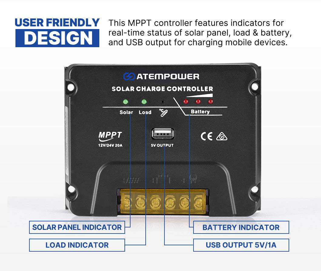 ATEM POWER MPPT Solar Charge Controller Solar Panel Battery Regulator 12V/24V 20A With USB - OZI4X4 PTY LTD