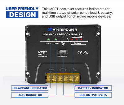 ATEM POWER MPPT Solar Charge Controller Solar Panel Battery Regulator 12V/24V 20A With USB - OZI4X4 PTY LTD