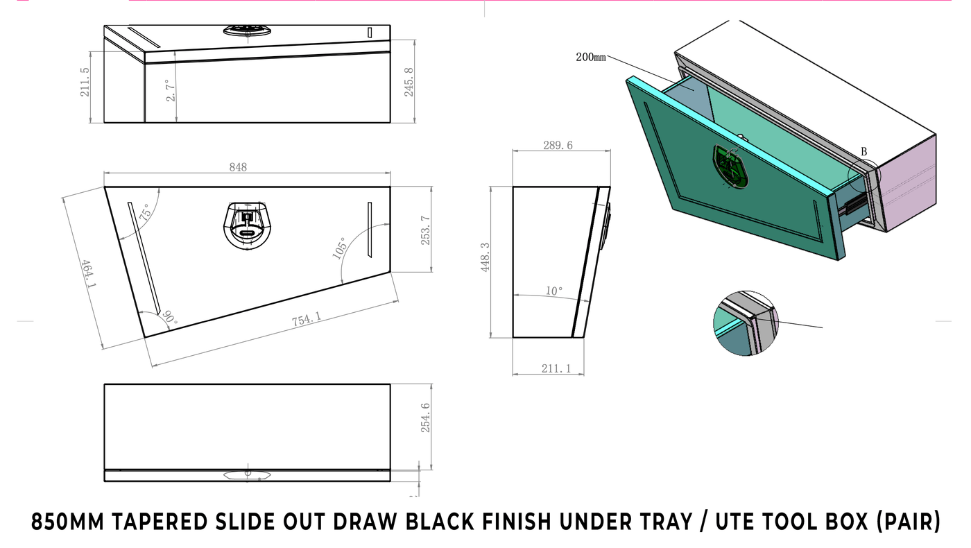 850MM Tapered Slide Out Draw Black Finish Under Tray / Ute Tool Box (Pair) - OZI4X4 PTY LTD
