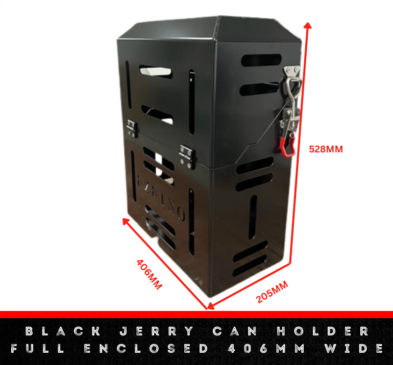 Black Jerry Can Holder Full Enclosed 406mm Wide - OZI4X4 PTY LTD