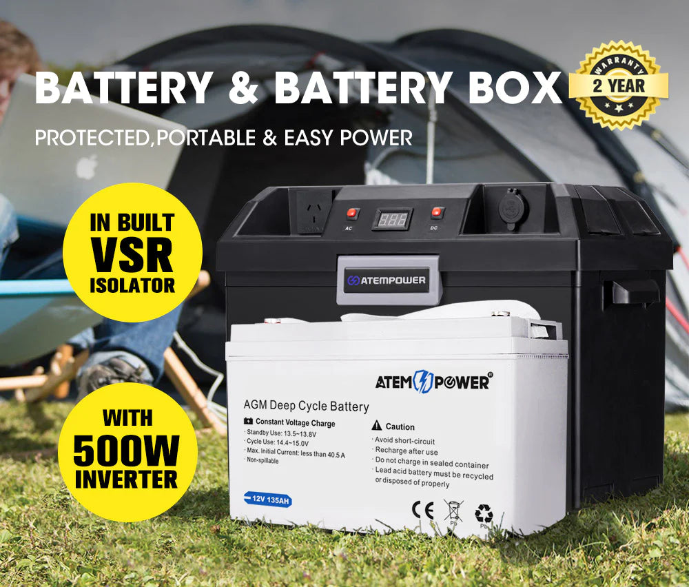 ATEM POWER Battery Box built-in VSR Isolator with 500W Inverter + 12V 135Ah AGM Battery (Online Only) - OZI4X4 PTY LTD