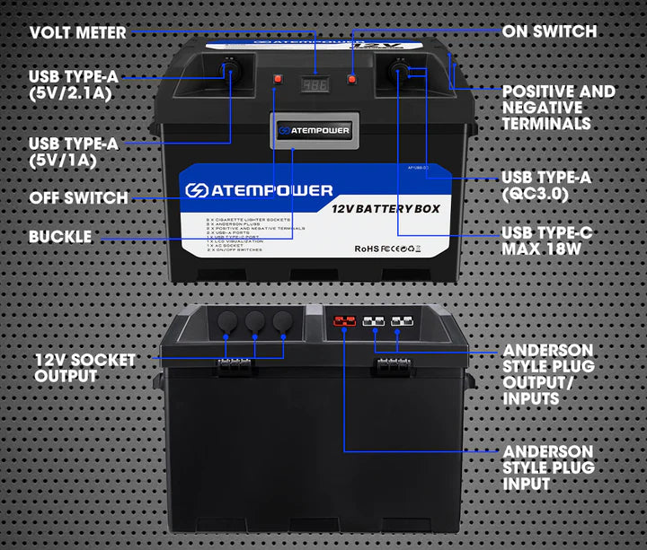 ATEM POWER Battery Box Dual Battery System built-in VSR Isolator + 12V 135Ah AGM Battery (Online Only) - OZI4X4 PTY LTD
