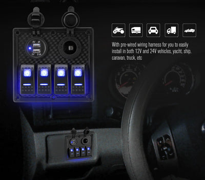 4 Gang Rocker Switch Panel ON-OFF Toggle Blue LED Dual USB 12V (Online Only) - OZI4X4 PTY LTD