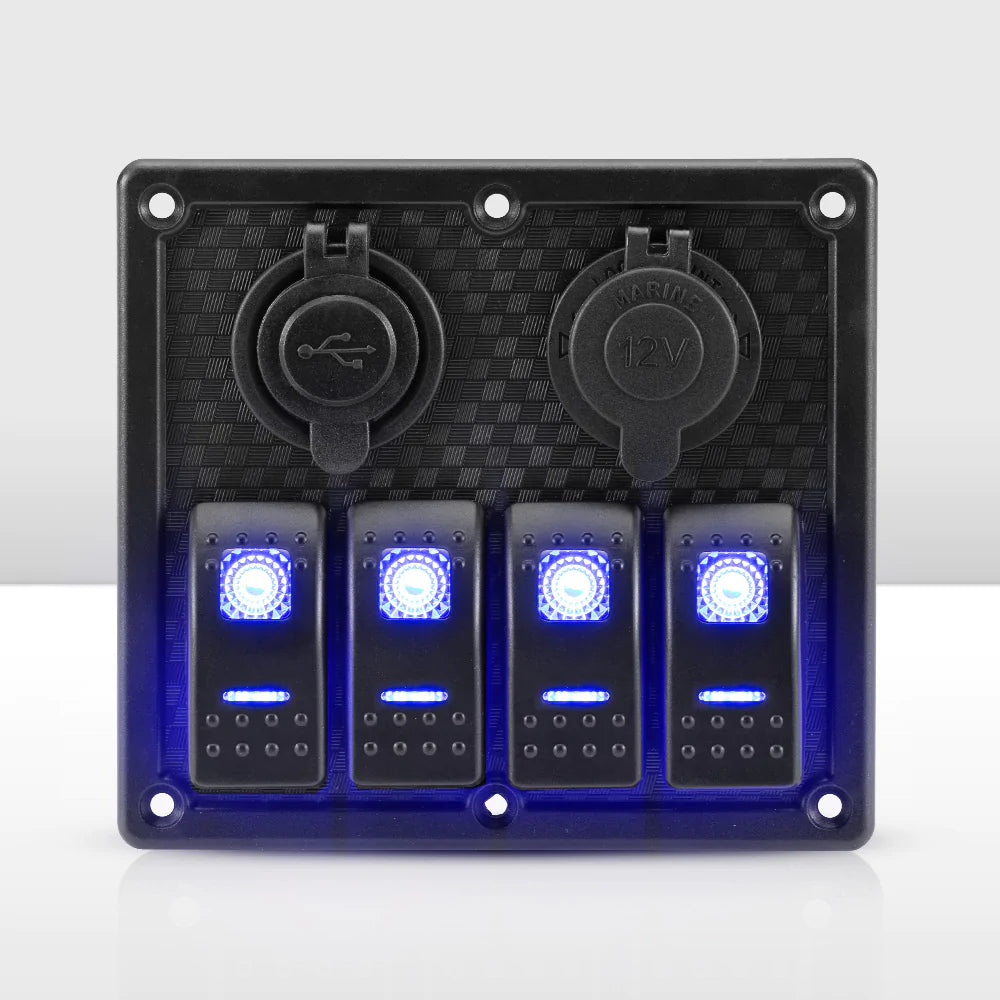 4 Gang Rocker Switch Panel ON-OFF Toggle Blue LED Dual USB 12V (Online Only) - OZI4X4 PTY LTD