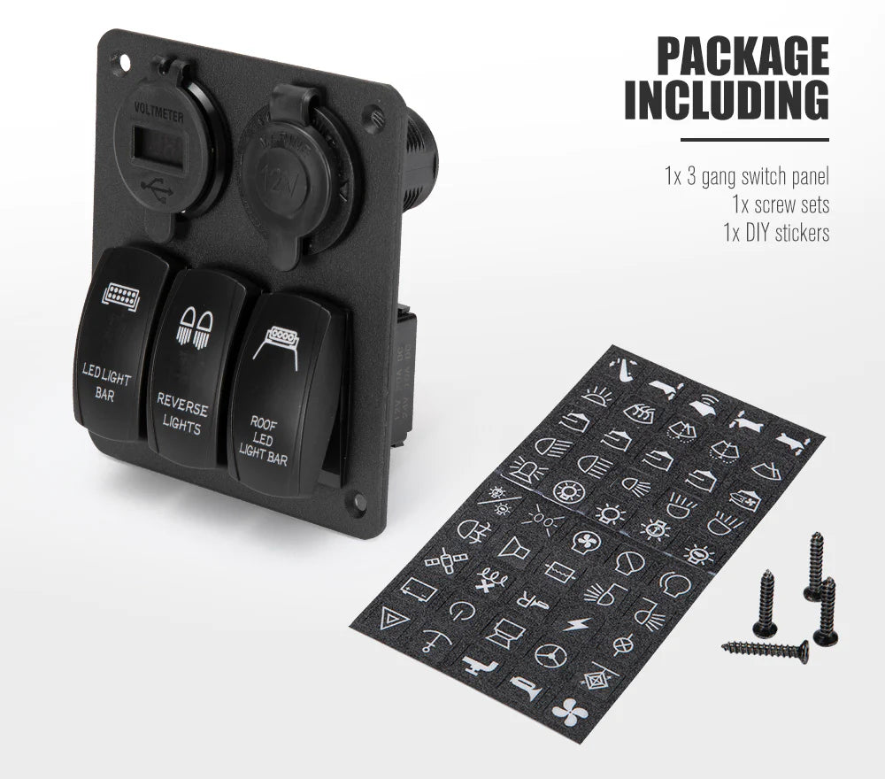 3 Gang Rocker Switch Panel ON-OFF Toggle Voltmeter 12V 24V (Online Only) - OZI4X4 PTY LTD